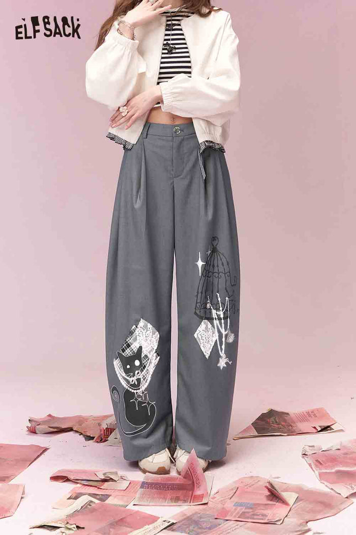ELFSACK Casual Versatile Graffiti Print Patch Wide Leg Pants