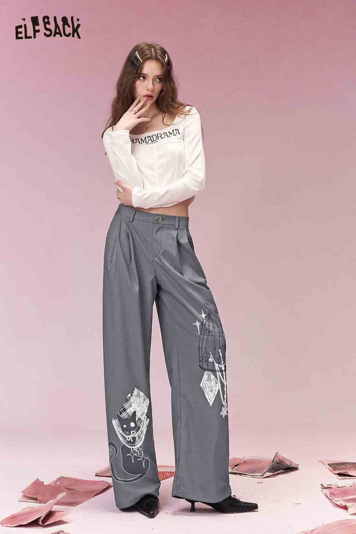 ELFSACK Casual Versatile Graffiti Print Patch Wide Leg Pants