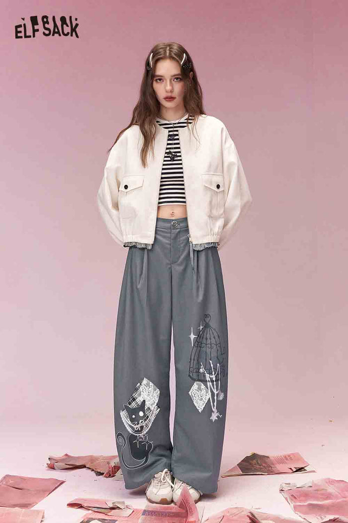 ELFSACK Casual Versatile Graffiti Print Patch Wide Leg Pants