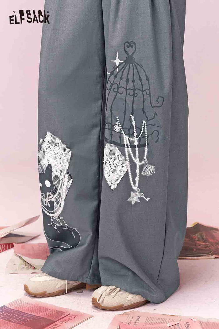 ELFSACK Casual Versatile Graffiti Print Patch Wide Leg Pants