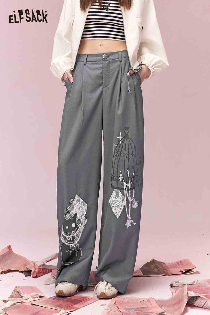 ELFSACK Casual Versatile Graffiti Print Patch Wide Leg Pants