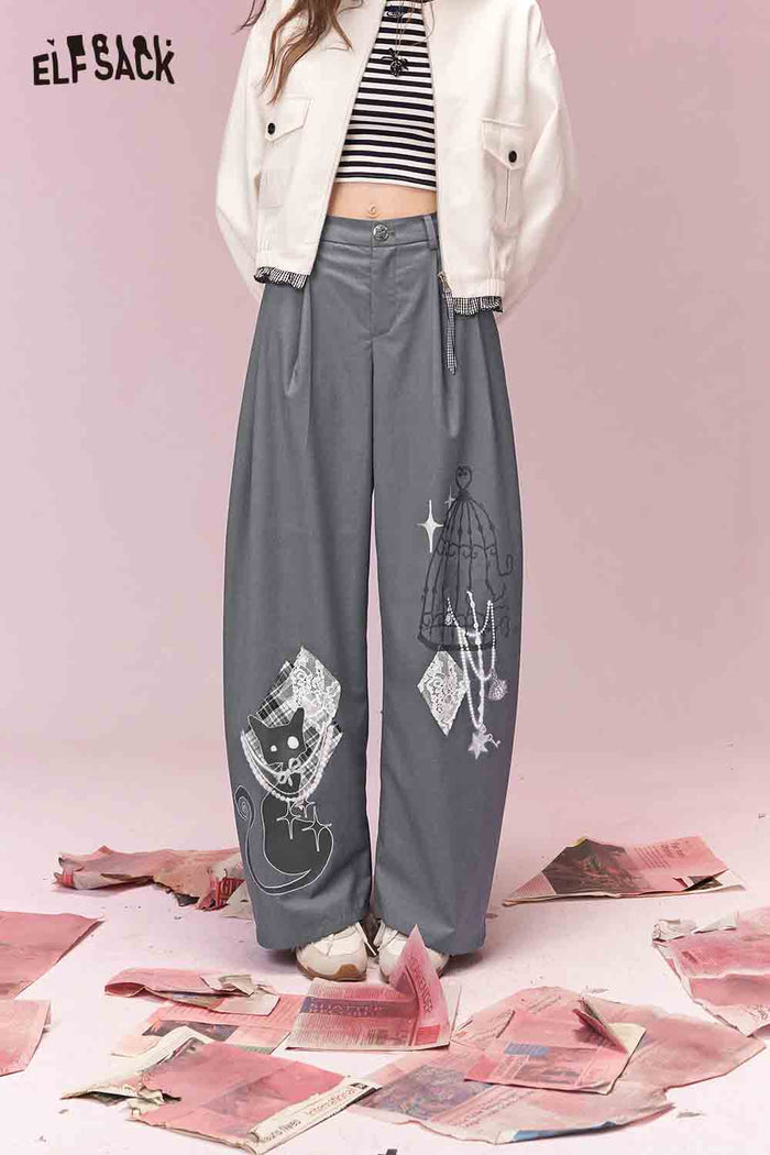 ELFSACK Casual Versatile Graffiti Print Patch Wide Leg Pants