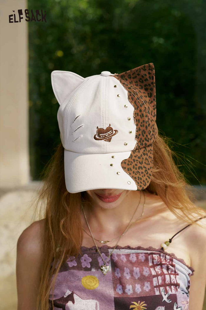 ELFSACK Cat-Ear Leopard Studded Cap