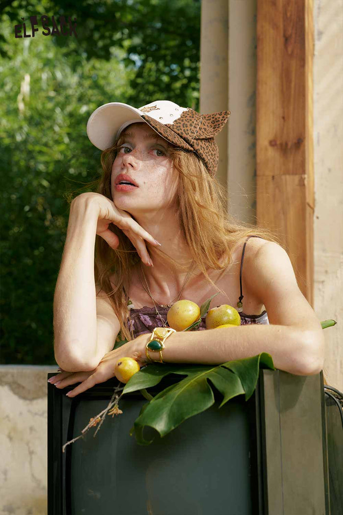 ELFSACK Cat-Ear Leopard Studded Cap
