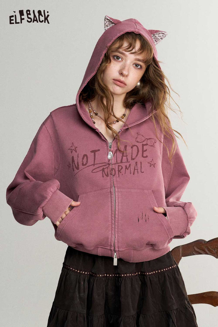 Cat Ear Zip-Up Crop Graphic Hoodie