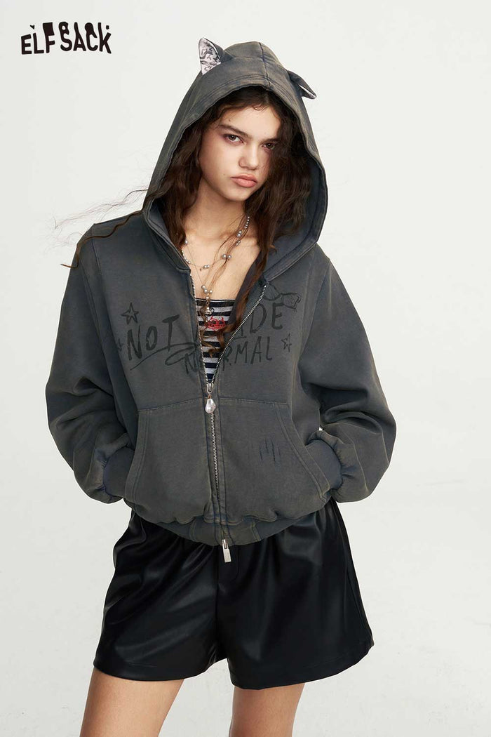 Cat Ear Zip-Up Crop Graphic Hoodie