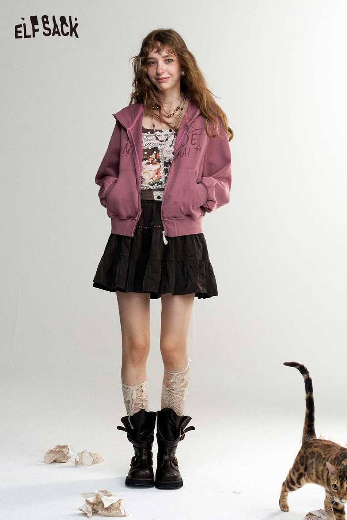 Cat Ear Zip-Up Crop Graphic Hoodie