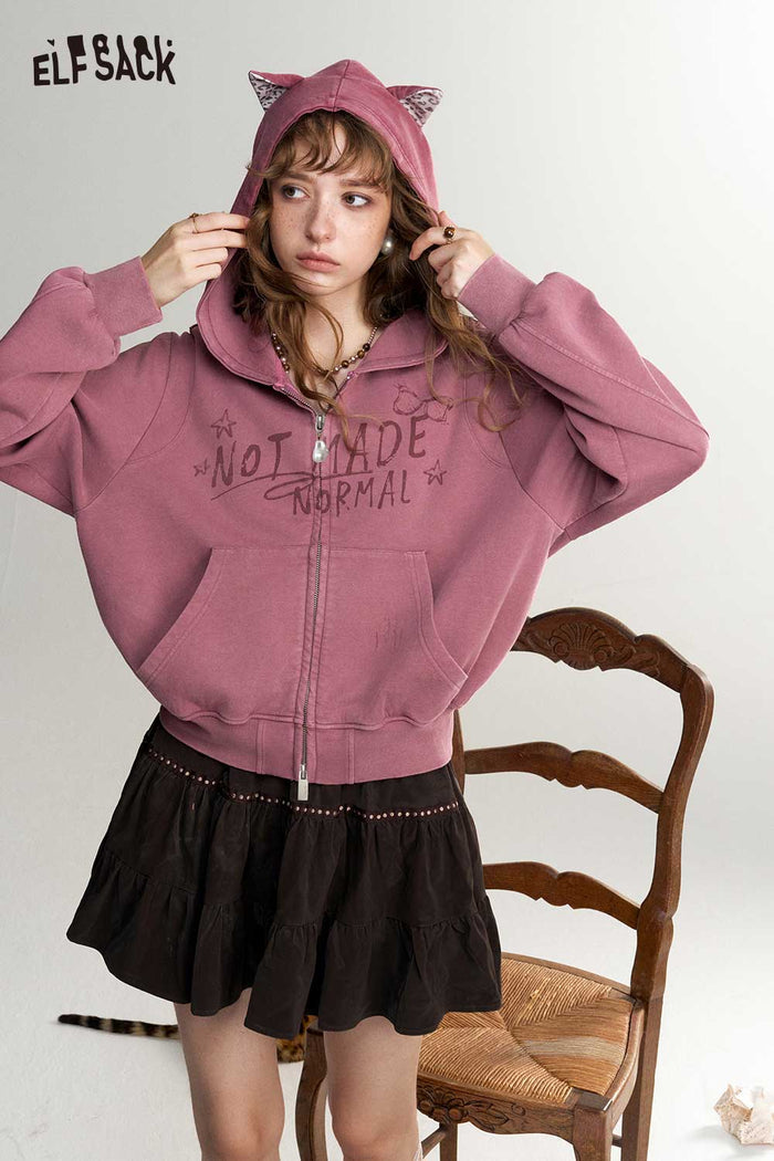Cat Ear Zip-Up Crop Graphic Hoodie