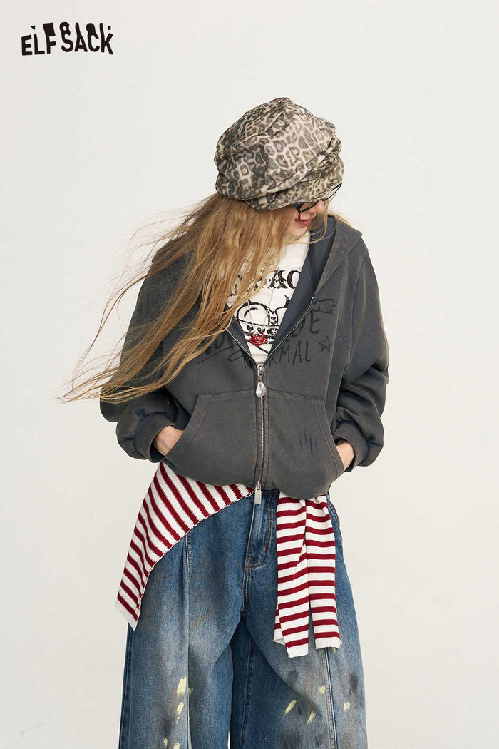 Cat Ear Zip-Up Crop Graphic Hoodie