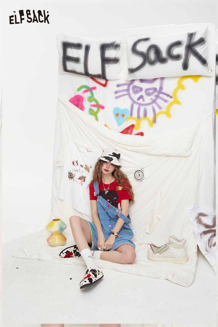 ELFSACK Cat Floral Graphic Crop Short Sleeve Tee