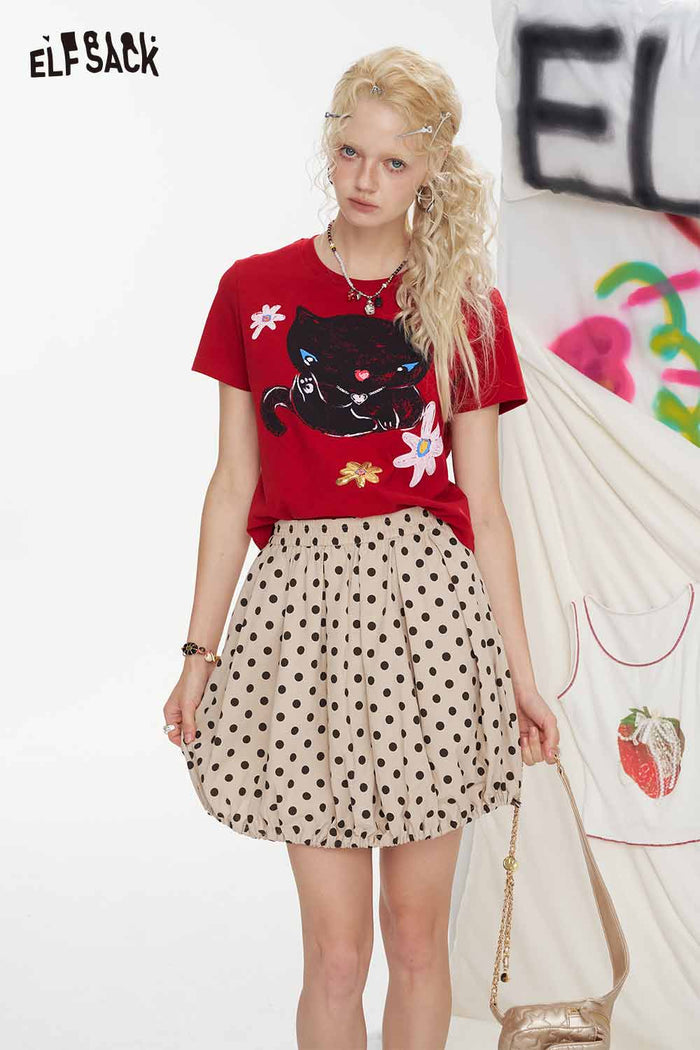 ELFSACK Cat Floral Graphic Crop Short Sleeve Tee