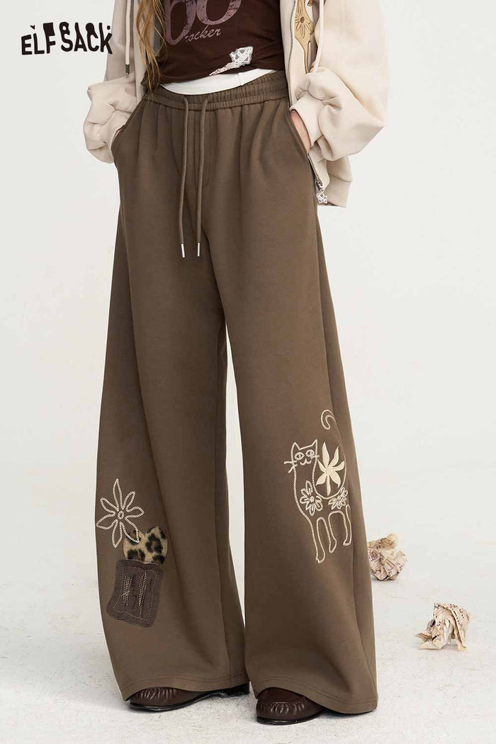Cat Floral Leopard Print Loose Wide Leg Pants