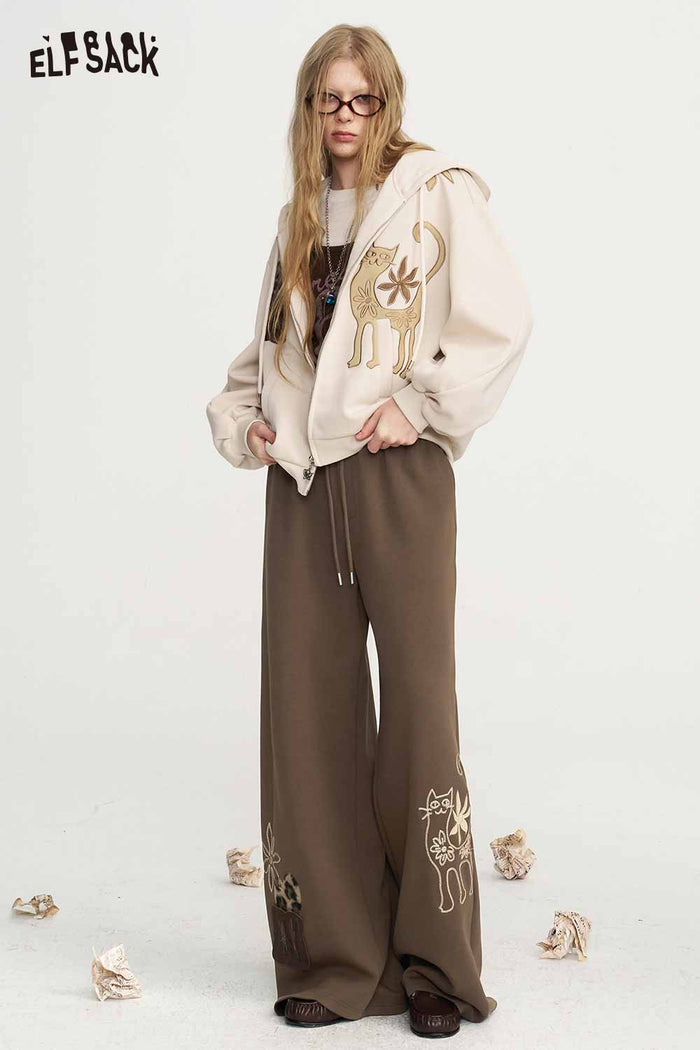 Cat Floral Leopard Print Loose Wide Leg Pants