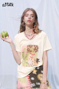 ELFSACK Cat Floral Patchwork V?Neck Tee