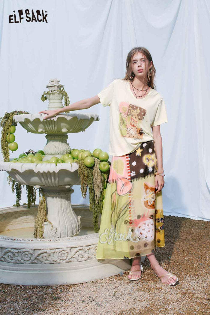 ELFSACK Cat Floral Patchwork V?Neck Tee