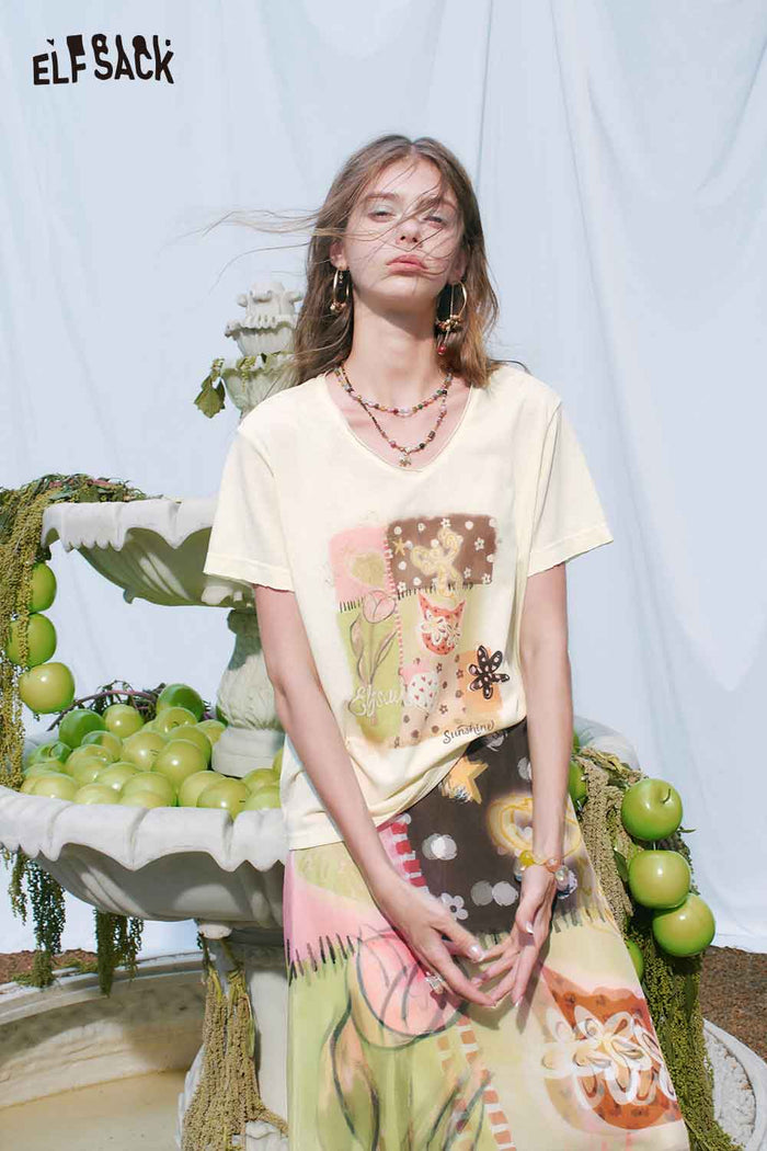 ELFSACK Cat Floral Patchwork V?Neck Tee