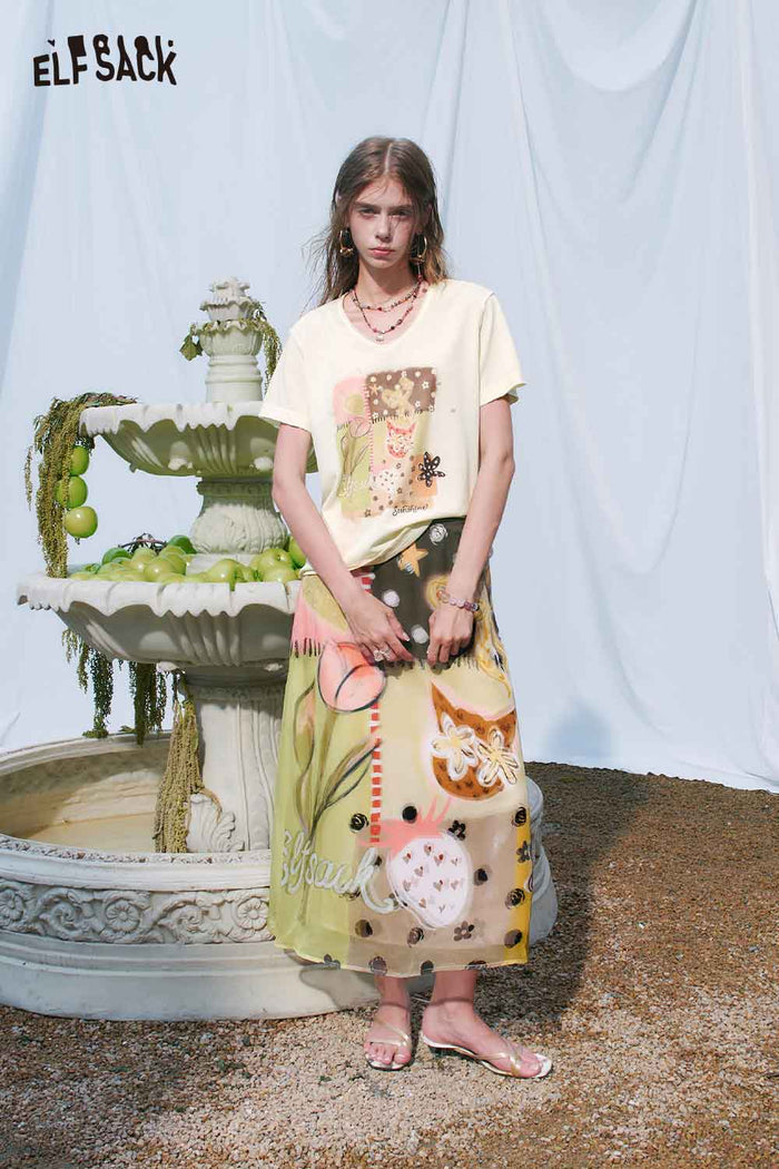 ELFSACK Cat Floral Patchwork V?Neck Tee
