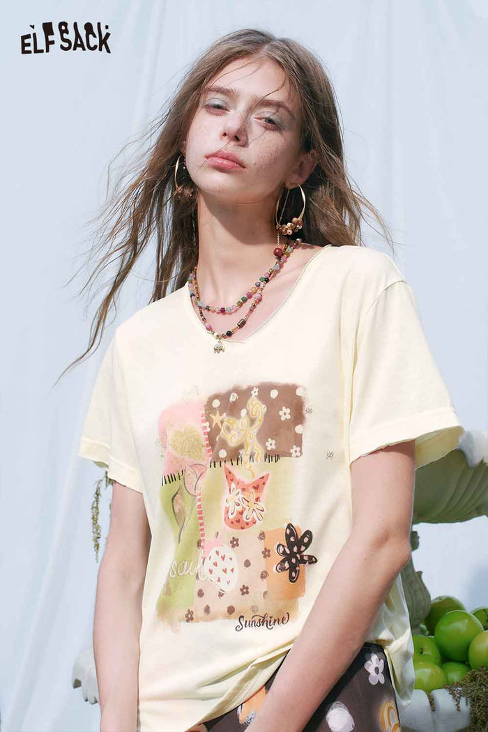 ELFSACK Cat Floral Patchwork V?Neck Tee