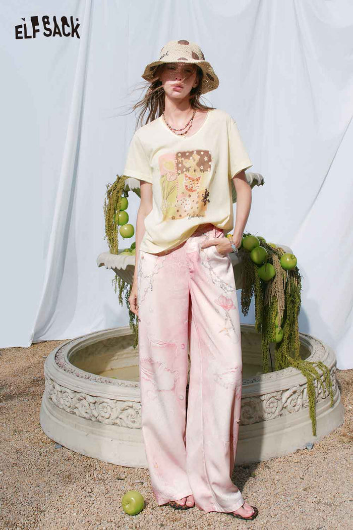 ELFSACK Cat Floral Patchwork V?Neck Tee