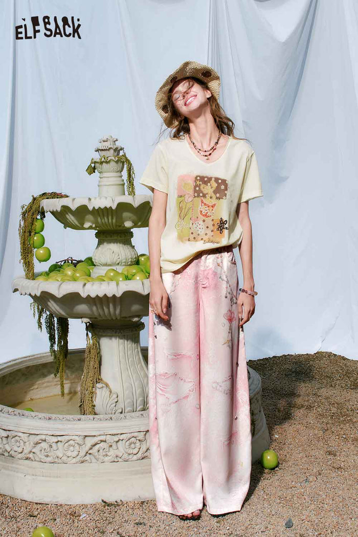ELFSACK Cat Floral Patchwork V?Neck Tee
