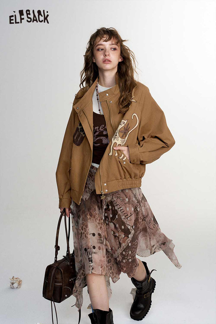 Cat Floral Print Stand Collar Bomber Jacket