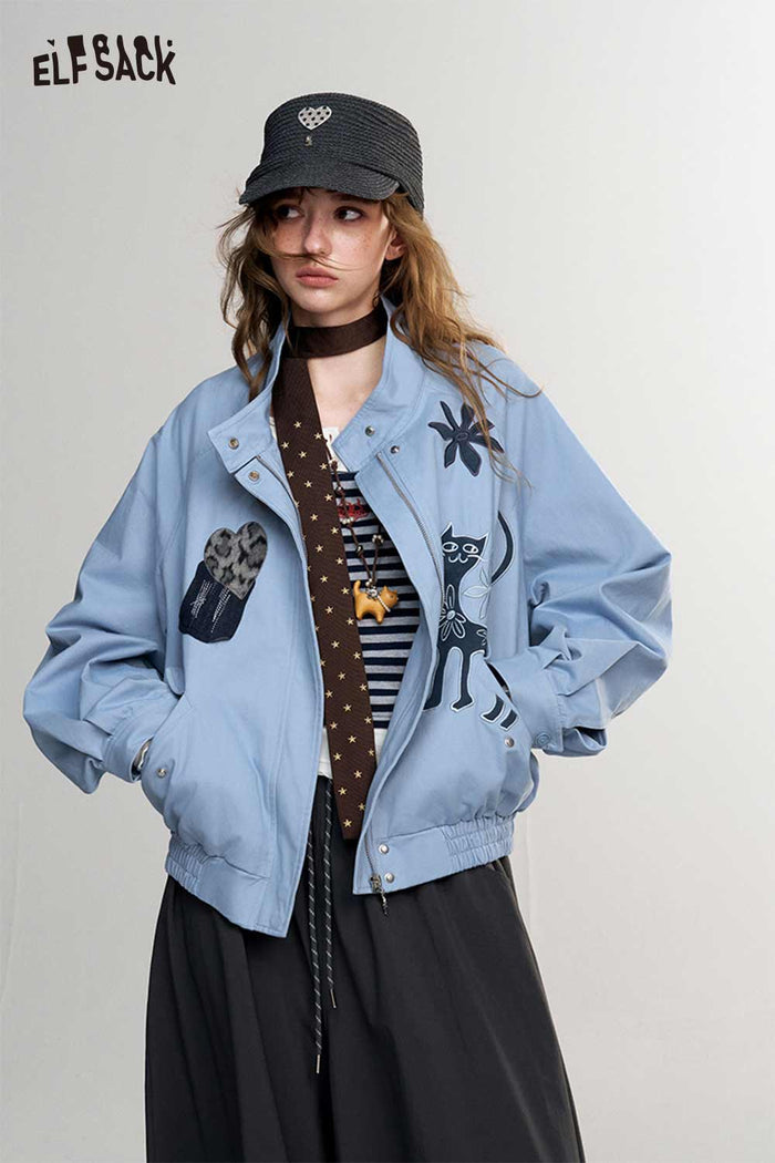 Cat Floral Print Stand Collar Bomber Jacket