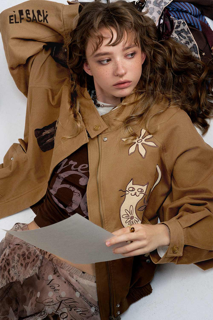 Cat Floral Print Stand Collar Bomber Jacket