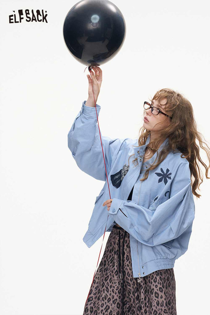 Cat Floral Print Stand Collar Bomber Jacket