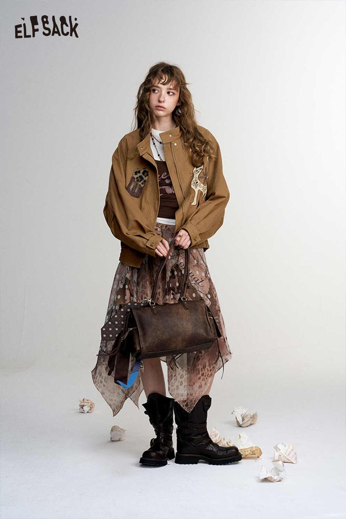Cat Floral Print Stand Collar Bomber Jacket