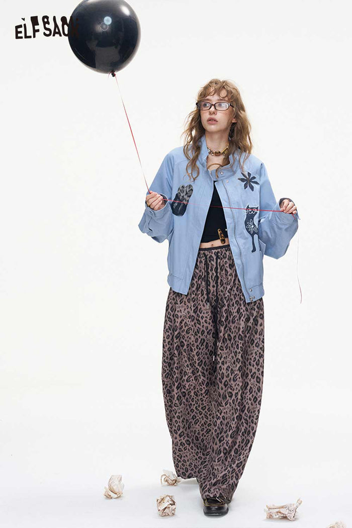 Cat Floral Print Stand Collar Bomber Jacket