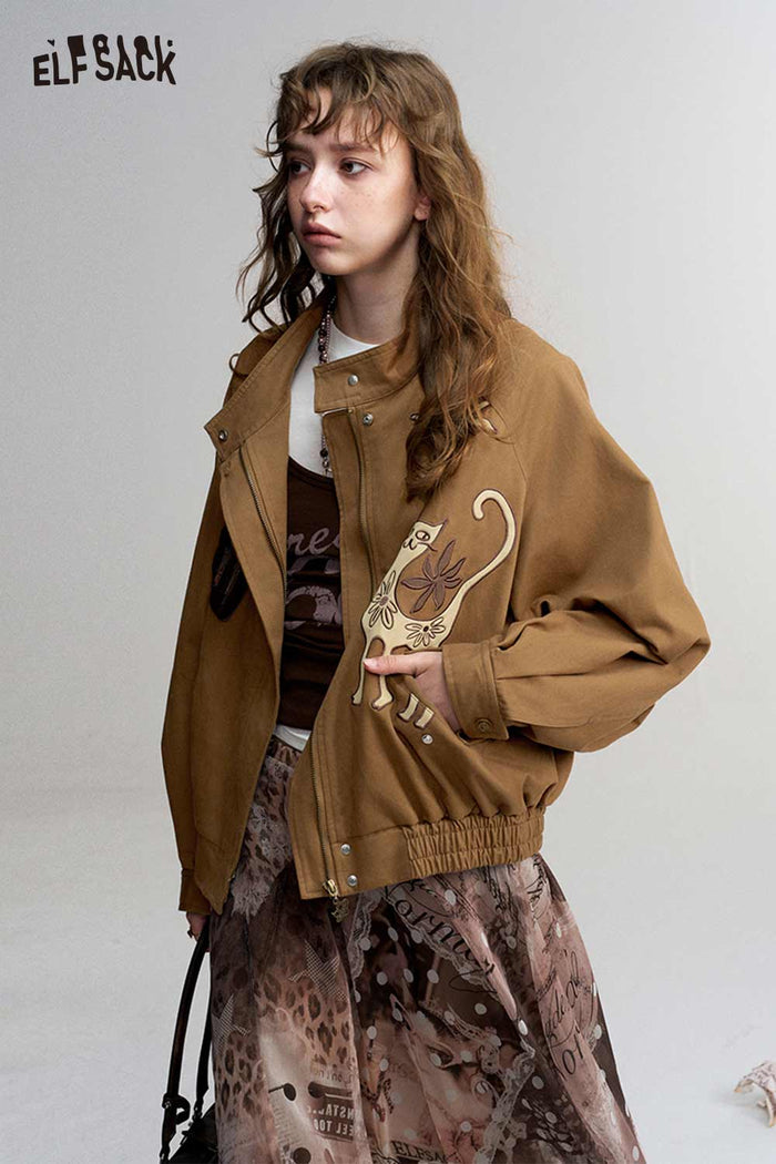 Cat Floral Print Stand Collar Bomber Jacket