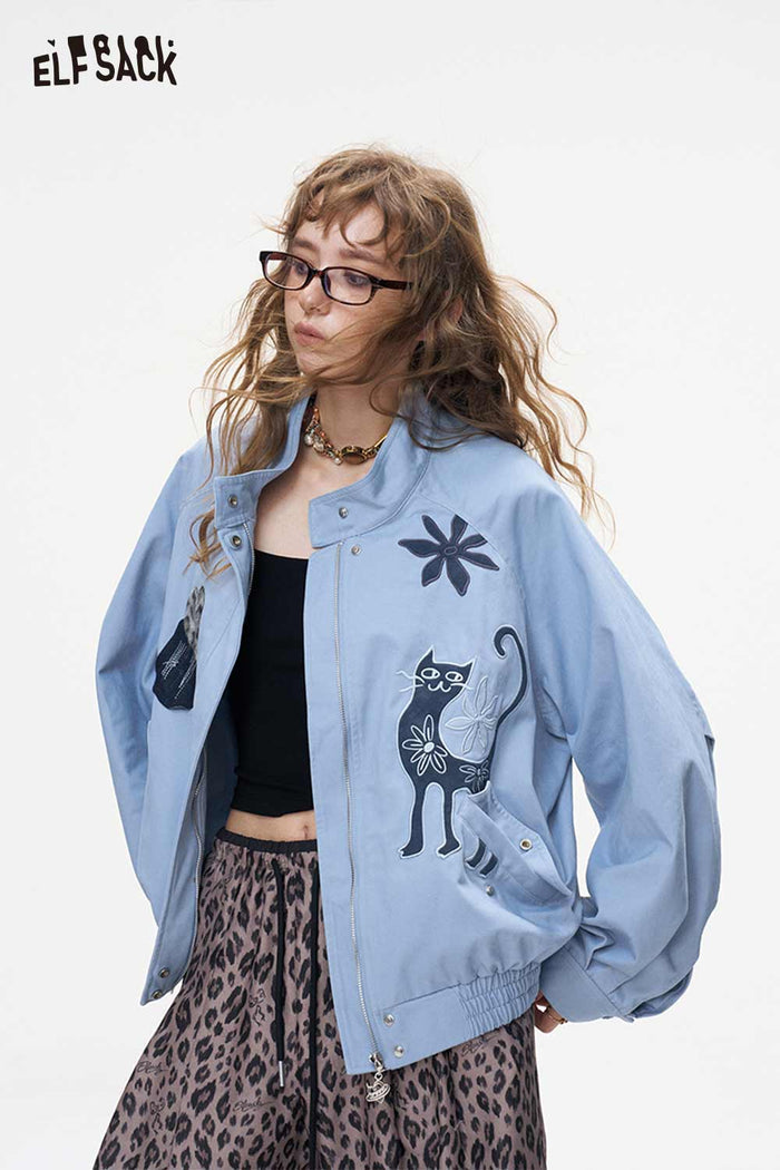 Cat Floral Print Stand Collar Bomber Jacket