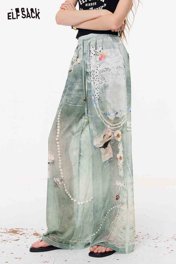 ELFSACK Cat Print High Waist Wide Leg Pants