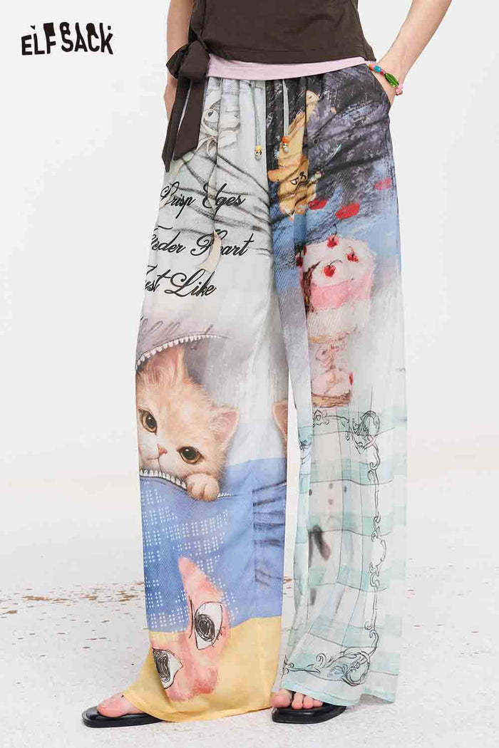 ELFSACK Cat Print High Waist Wide Leg Pants