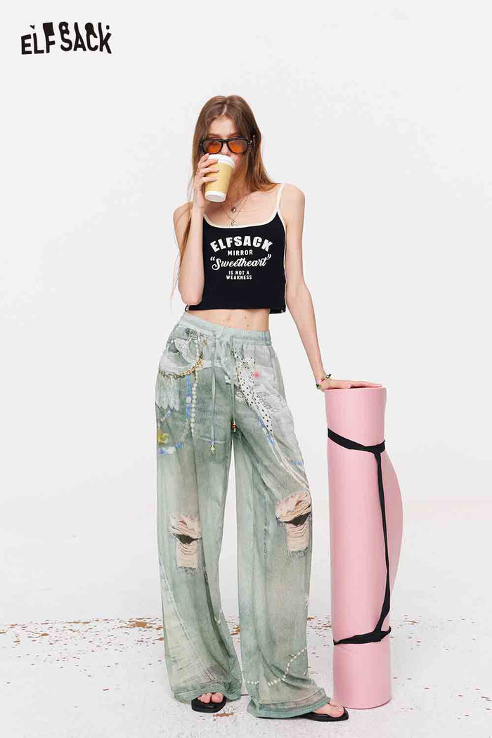 ELFSACK Cat Print High Waist Wide Leg Pants