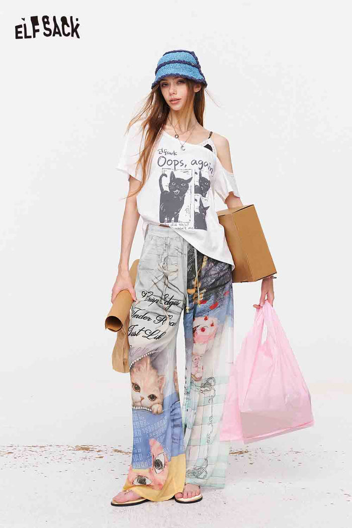 ELFSACK Cat Print High Waist Wide Leg Pants