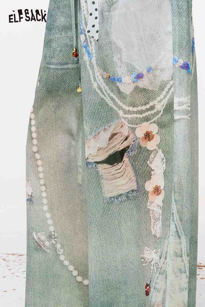 ELFSACK Cat Print High Waist Wide Leg Pants