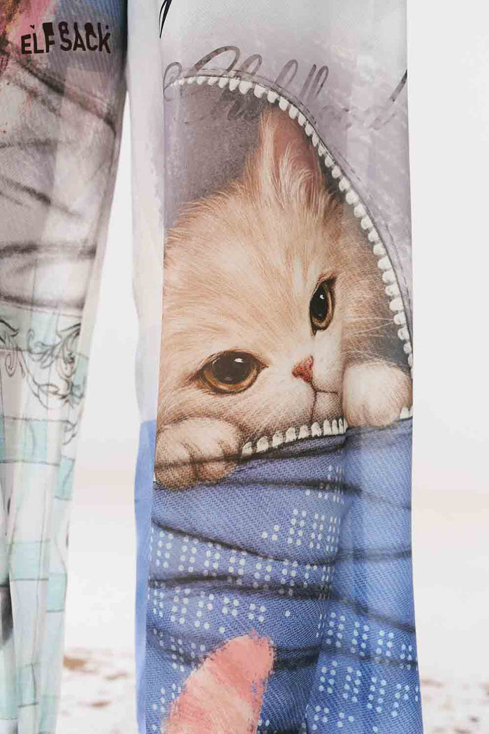 ELFSACK Cat Print High Waist Wide Leg Pants
