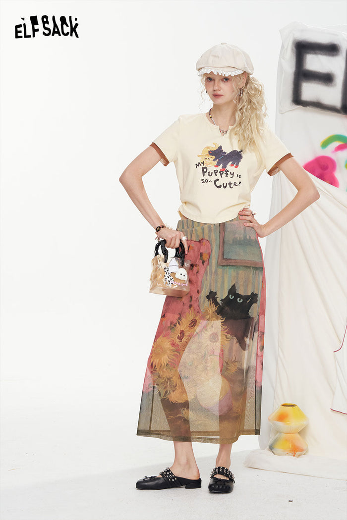ELFSACK Cat Print Mesh Design A-Line High-Waist Skirt