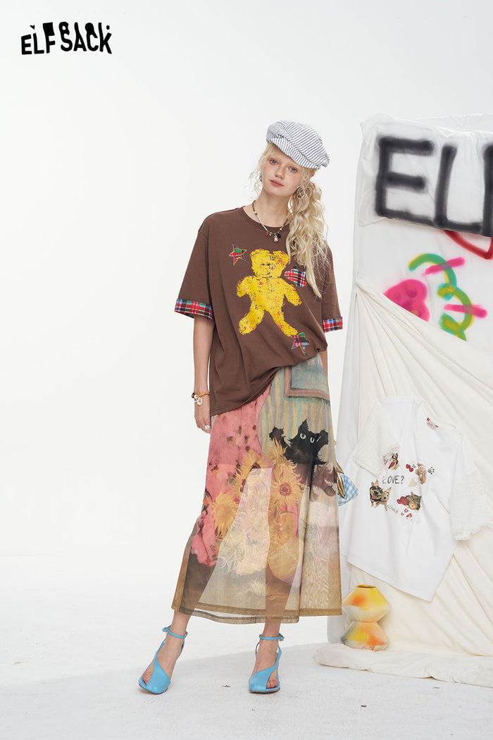ELFSACK Cat Print Mesh Design A-Line High-Waist Skirt