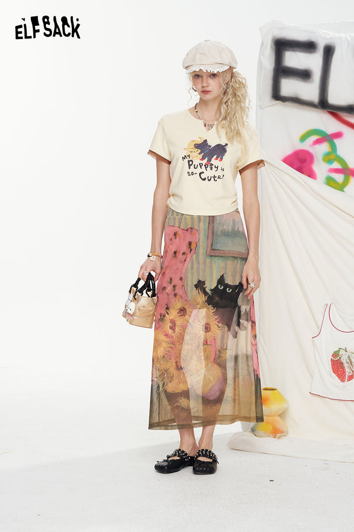 ELFSACK Cat Print Mesh Design A-Line High-Waist Skirt