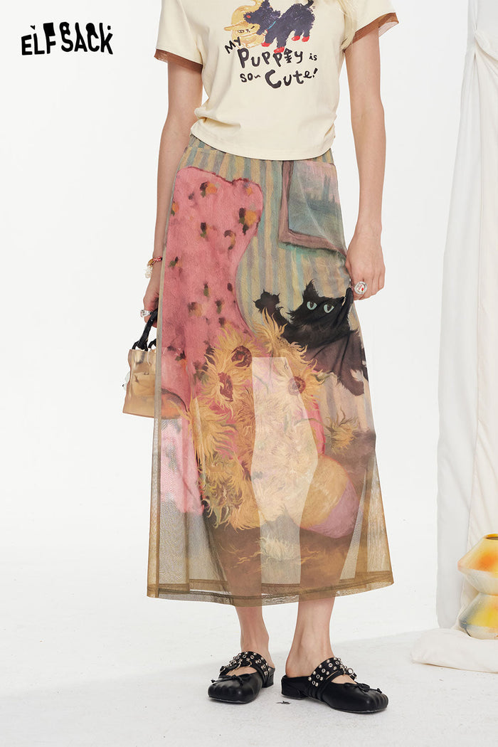 ELFSACK Cat Print Mesh Design A-Line High-Waist Skirt