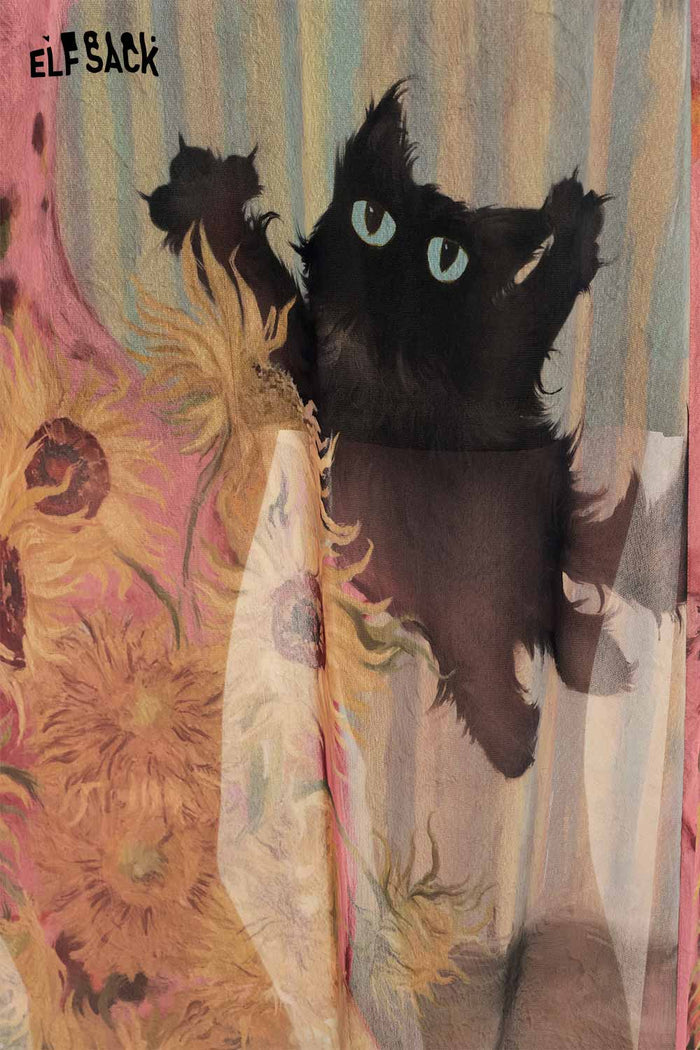 ELFSACK Cat Print Mesh Design A-Line High-Waist Skirt