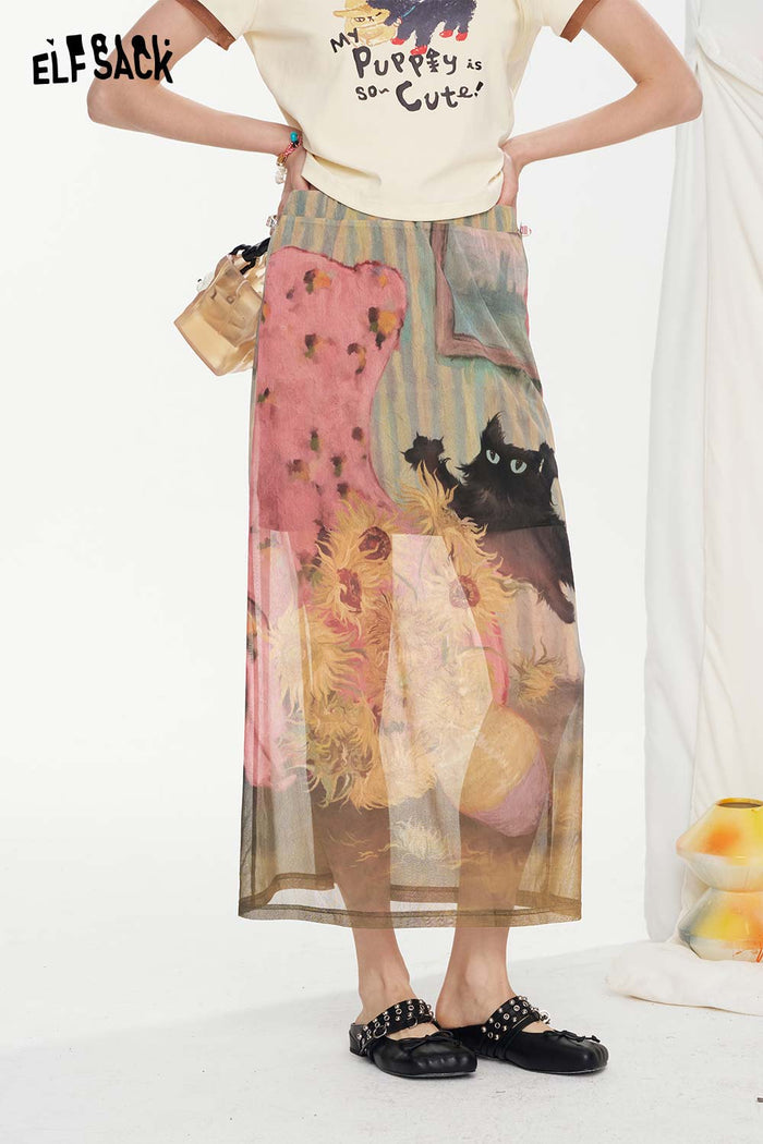 ELFSACK Cat Print Mesh Design A-Line High-Waist Skirt