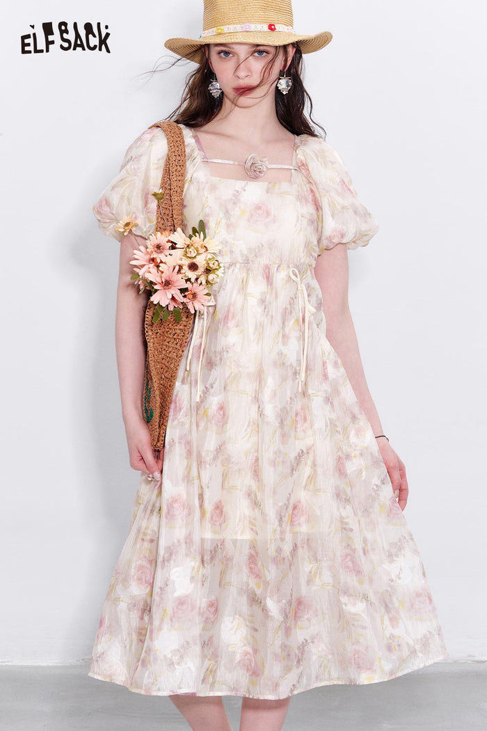 ELFSACK Chiffon Puff Sleeve Floral Dress