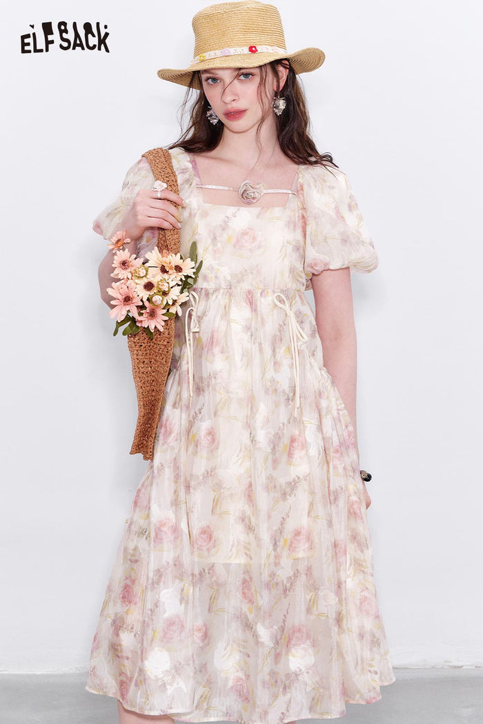 ELFSACK Chiffon Puff Sleeve Floral Dress