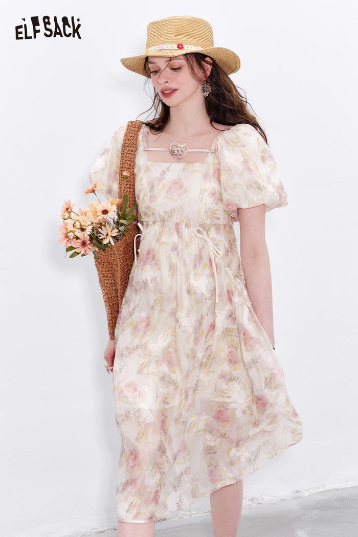 ELFSACK Chiffon Puff Sleeve Floral Dress