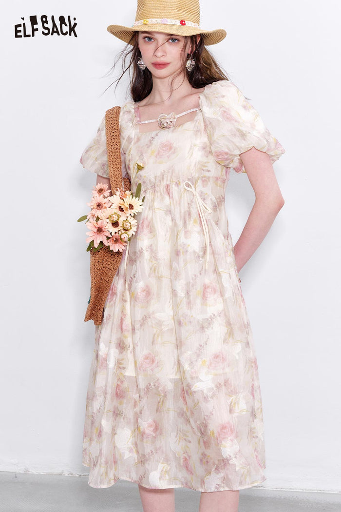 ELFSACK Chiffon Puff Sleeve Floral Dress