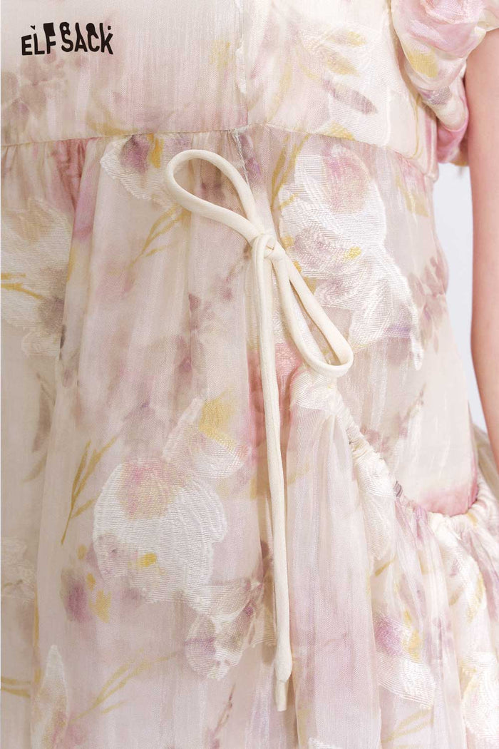 ELFSACK Chiffon Puff Sleeve Floral Dress