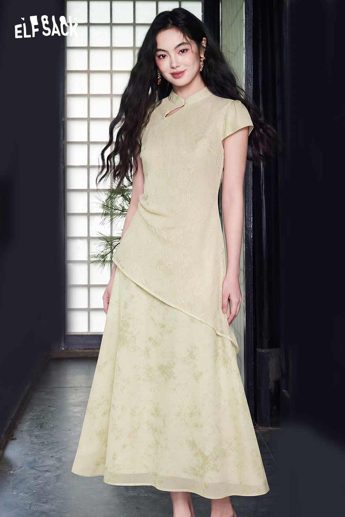 ELFSACK Chinese Style Asymmetric Layered Maxi Dress